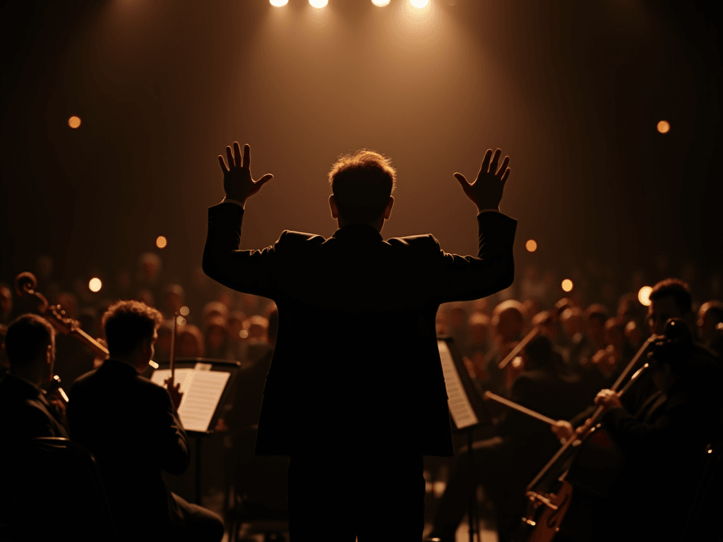 Conductor silhouette facing orchestra, arms extended, golden backlight