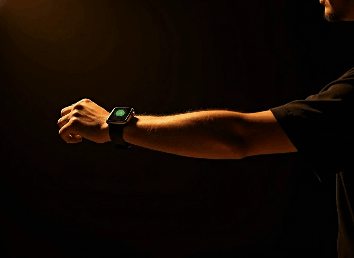 Apple Watch displaying RISR app with motion rings on the watch face